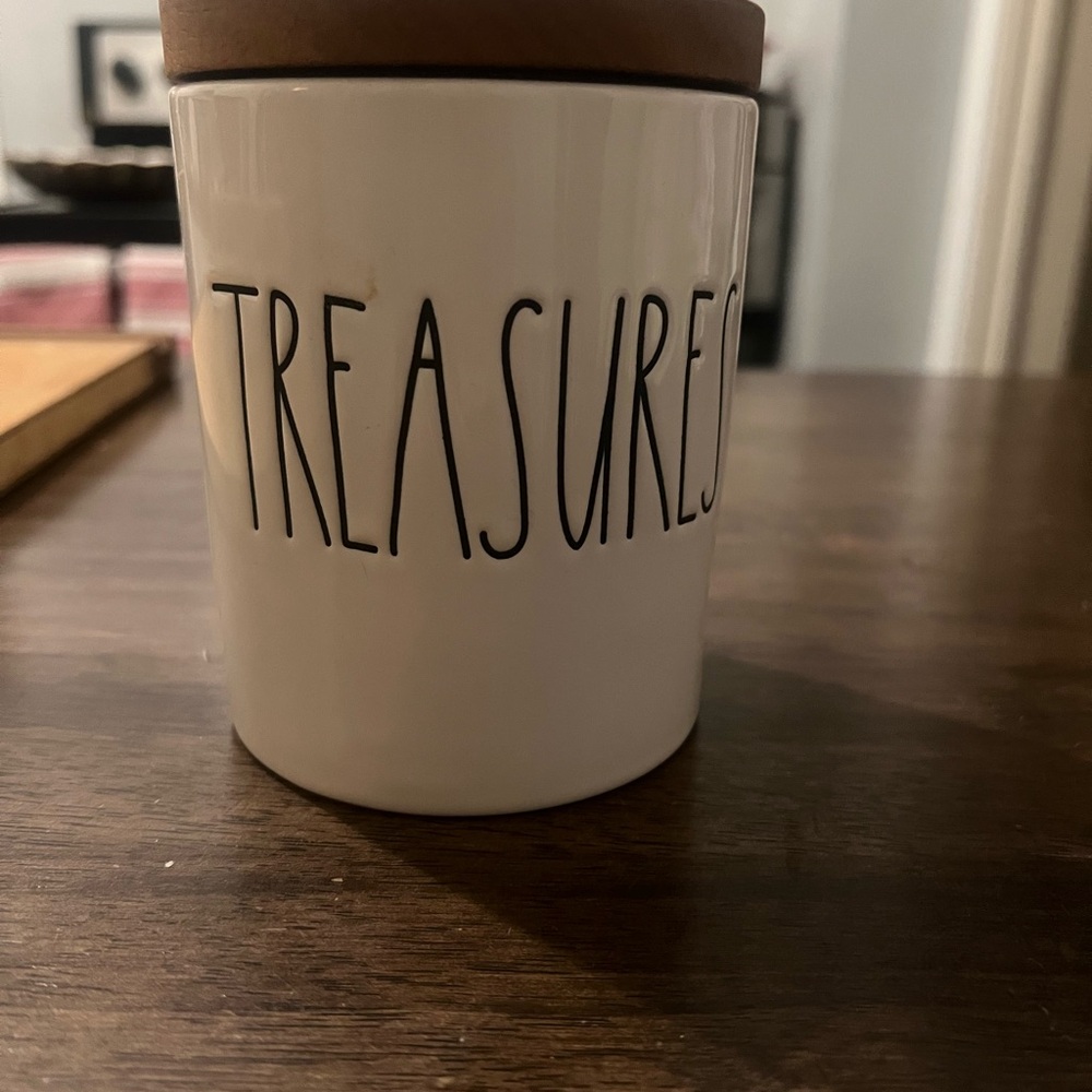 Rae Dunn White 'Treasures' Jar with Tan Lid